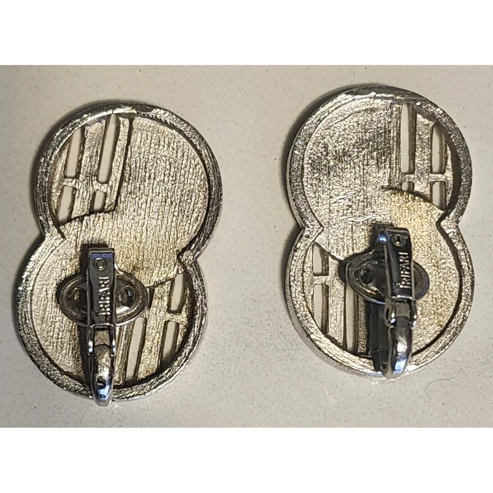 Vintage Crown Trifari Silver Tone Geometric MCM Clip On Earrings Textured Slats